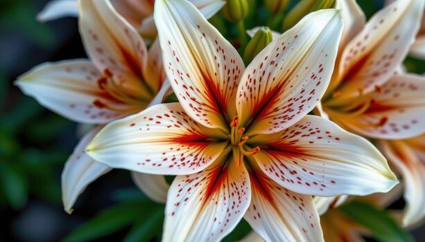 close up view of star shaped lilies with speckled petals and a dramatic burst of color from the center. photo