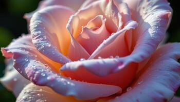 close up view of dew covered rose petals shimmering in the soft morning light with delicate textures visible. photo
