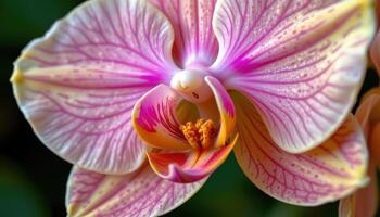 close up view of a delicate orchid with translucent petals and complex inner patterns. photo