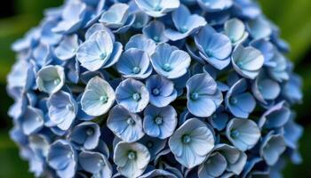 close up view of blue hydrangea clusters forming a symmetrical ball of textured beauty. photo
