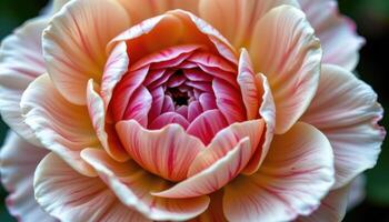 close up view of a fully bloomed ranunculus with overlapping petals like spun silk. photo