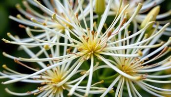 close up view of spider flowers with elongated petals stretching outward in all directions. photo