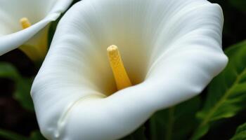 close up view of a white calla lily with smooth, sculptural curves forming a funnel like shape around its golden stamen. photo
