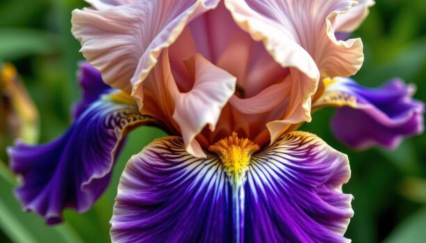 close up view of a violet iris with ruffled petals and deep blue violet tones highlighted by fine yellow accents near the base. photo
