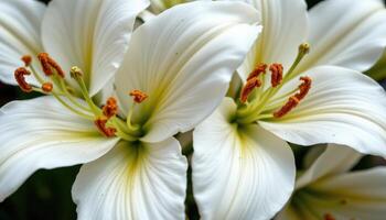 close up view of white lilies with pollen laden stamens contrasting against pristine white petals. photo