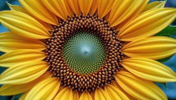 close up view of a radiant sunflower with tightly packed seeds in the center and golden yellow petals extending outward in perfect symmetry. photo