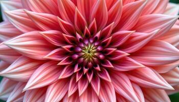 close up view of a blooming dahlia with countless pointed petals forming a perfect geometric pattern in shades of coral. photo