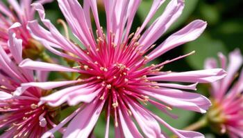 close up view of bee balm blossoms bursting outward in bright radial symmetry. photo