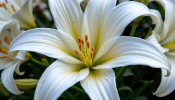 close up view of a white lily with long, elegant petals gracefully opening to reveal bold yellow pollen inside. photo