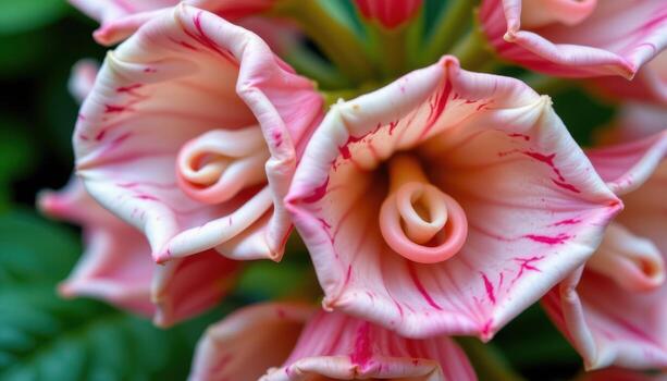close up view of torch ginger flowers with exotic spiral patterns and waxy petals. photo