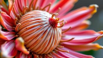 close up view of a protea flower with bristly, spiny petals and a thick central cone in warm pink tones. photo