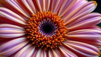 close up view of a calendula bloom with golden petals arranged in a perfect circle around a dark center. photo