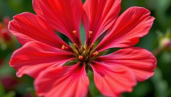 close up view of scarlet flax flowers open wide, revealing fine details in their papery red petals. photo