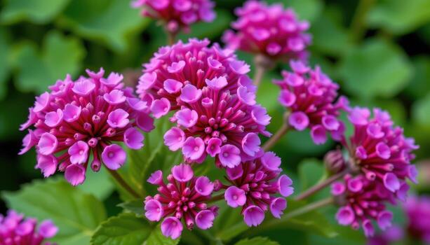 close up view of globe amaranth with round, clover like blooms in bright magenta and purple hues. photo