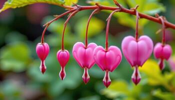 close up view of bleeding hearts with their iconic pink shape hanging in perfect succession. photo