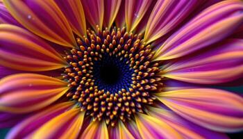 close up view of calendula petals radiating from the flower's dark center with vibrant contrast. photo