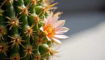 close up view of a blooming cactus flower contrasting sharply against its spiny base. photo