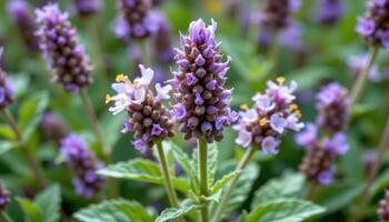 close up view of wild bergamot blooms bursting into spiky lavender heads with minty leaves below. photo