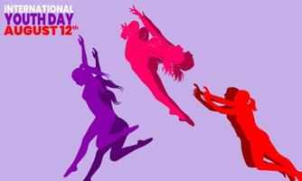 International Youth Day.three stylized female silhouettes in dynamic, energetic poses, possibly dancing or jumping,perfect for Social media posts,Website banners or graphics,Blog posts or articles. vector