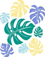 stylized Monstera leaves in various colors, including teal, light blue, yellow, and lavender, arranged against a white background. vector