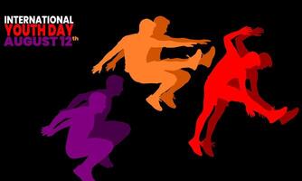 International Youth Day,silhouettes of four male figures in dynamic, jumping poses, colored in shades of purple, orange, and red, set against a black background vector
