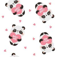 Pandas holding hearts in a pattern vector