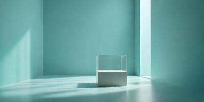 Empty Glass Display Case Against Teal Walls in a Modern Setting photo