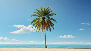Serene Palm Tree on Sandy Beach Under Blue Sky with Clouds photo