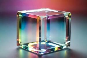 Iridescent Glass Cube, A Study in Light and Geometric Form photo