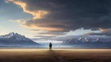 Solitary figure gazes at distant snow-capped mountains under dramatic cloudy sky photo