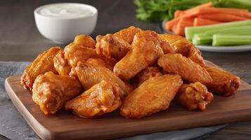Buffalo chicken wings with spicy sauce on wooden cutting board served with ranch dip and fresh celery carrot sticks. American street food appetizer with vegetables. photo