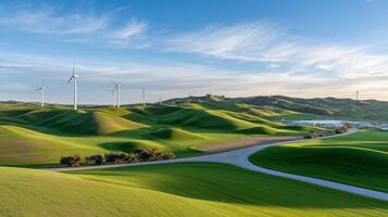 Wind turbines generating clean renewable energy in green agricultural landscape. Sustainable technology infrastructure with rolling hills and curved road in rural countryside. photo