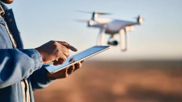 Drone pilot controls quadcopter using tablet device outdoors. Professional operator manages unmanned aircraft with digital remote control technology in natural daylight setting. photo
