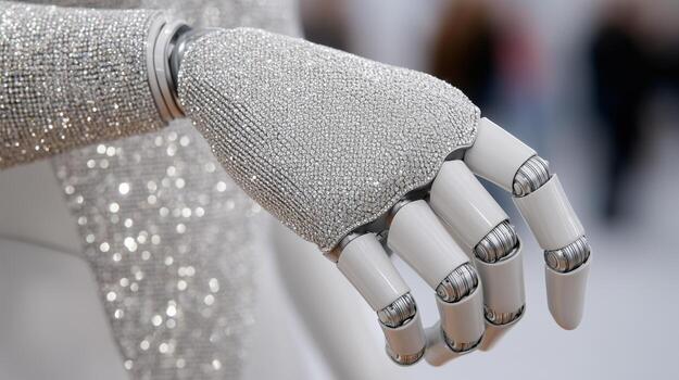 Glamorous robot hand covered in sparkling rhinestones and crystals with artificial intelligence technology. Futuristic automation mechanical design with shiny metallic chrome fingers. photo