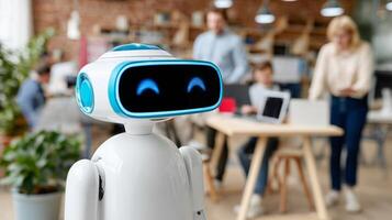 Robot assistant with blue glowing eyes stands in modern office workplace. Humanoid artificial intelligence technology helps business team with automated tasks and digital support. photo