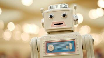 Vintage robot toy with human-like face and retro design against warm bokeh background. Classic tin robot with blue control panel, nostalgic childhood memory concept. photo