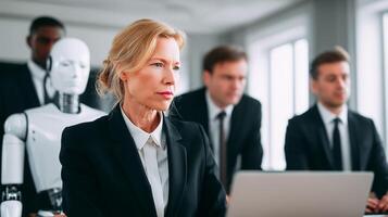 Professional businesswoman in office with humanoid robot colleague. Modern workplace automation concept showing AI integration in business environment. Future workforce transformation. photo