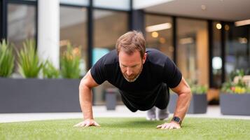 Fit man doing pushups workout exercise outdoors near modern office building during fitness training routine for healthy active lifestyle and wellness. photo