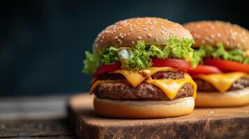 Delicious cheeseburger with beef patty, cheese, lettuce, tomato on sesame bun served on wooden board. Fast food restaurant meal with appetizing layers and fresh ingredients. photo