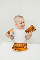 A Joyful Toddler with Waffles This delightful photo beautifully captures those precious snack moments that showcase the pure innocence and boundless happiness found in both childhood and family life