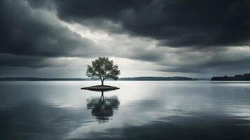 Solitary Tree on a Tiny Island Reflecting in a Calm Lake Under a Stormy Sky photo