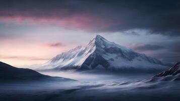Majestic snow-capped mountain peak under a dramatic sky with pastel hues photo