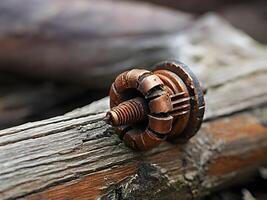 Close-up of a Rusty Copper Mechanical Part on Weathered Wood photo