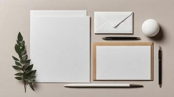 Minimalist Stationery Arrangement with Greenery, Pens, Envelope, and Blank Paper on Neutral Surface photo