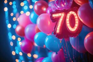 Number 70 birthday balloons celebrating a platinum jubilee with festive lights photo