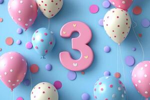Number three celebrating third birthday with colorful balloons and confetti photo