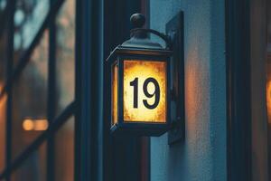 Illuminated house number nineteen sign on building wall at dusk photo