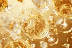 Wine glasses pouring white wine with ice and golden confetti creating a festive atmosphere photo