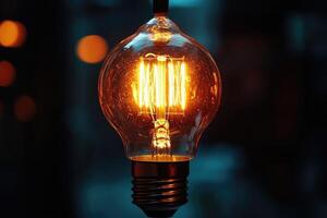 Bright light bulb shining in the dark, creating warm atmosphere photo