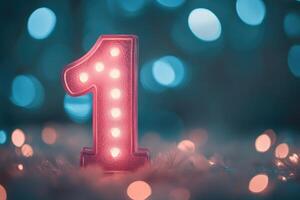 Number one illuminated with led lights on a festive background photo